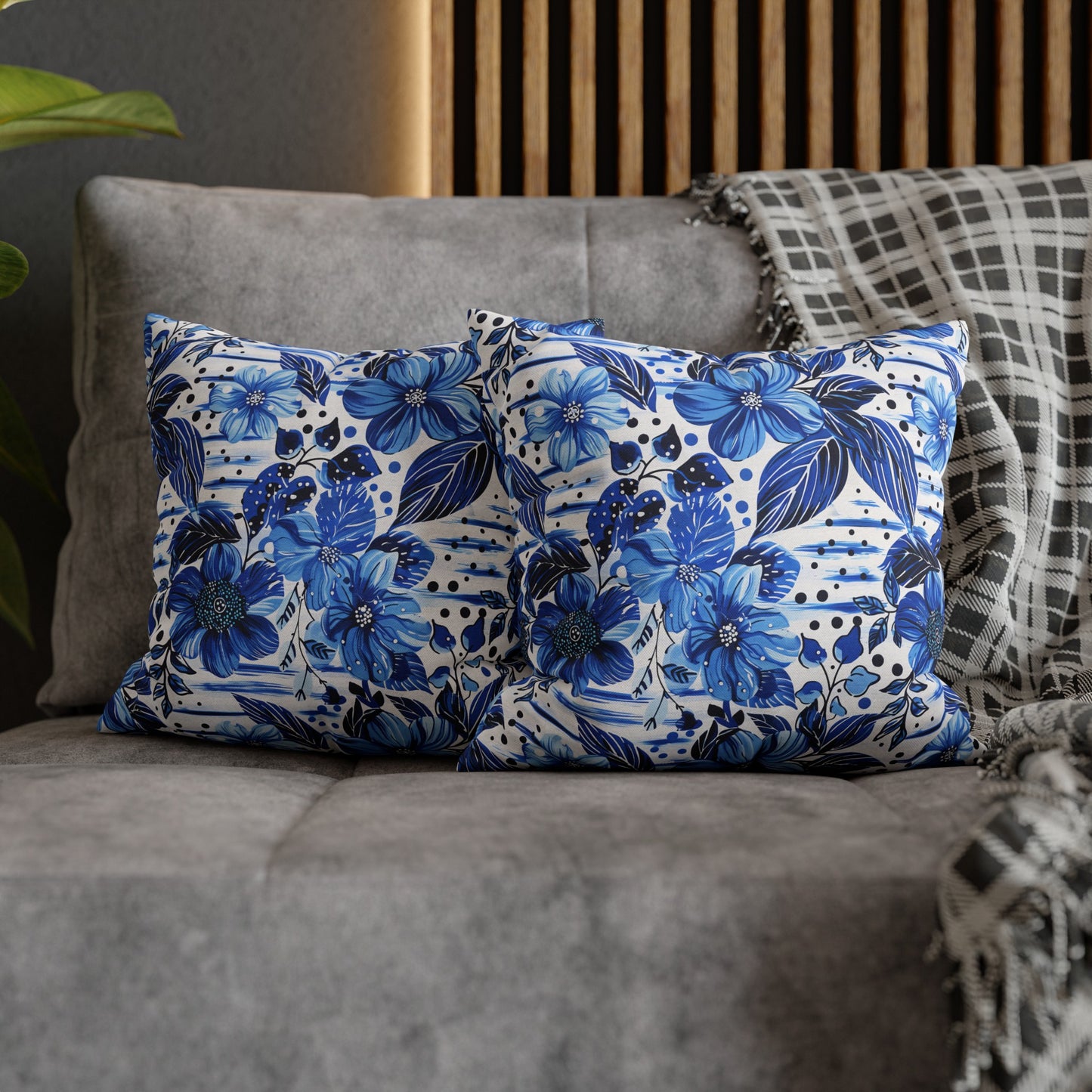 Floral Symphony in Shades of Blue, Harmonized with Abstract Lines Spun Polyester Square Pillowcase 4 Sizes