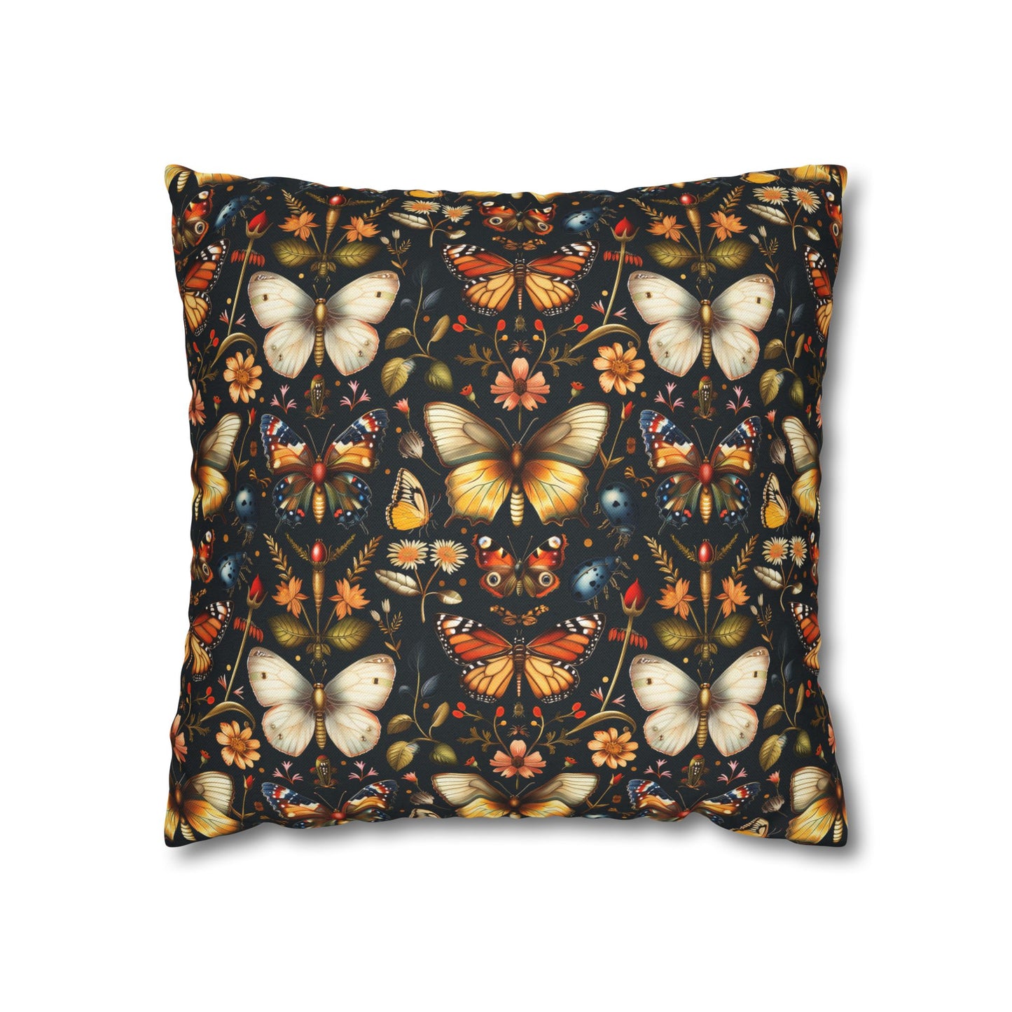 Enchanted Garden of Butterflies and Botanicals in Rich Autumn Hues on a Deep Night Background Polyester Square Pillowcase 4 Sizes