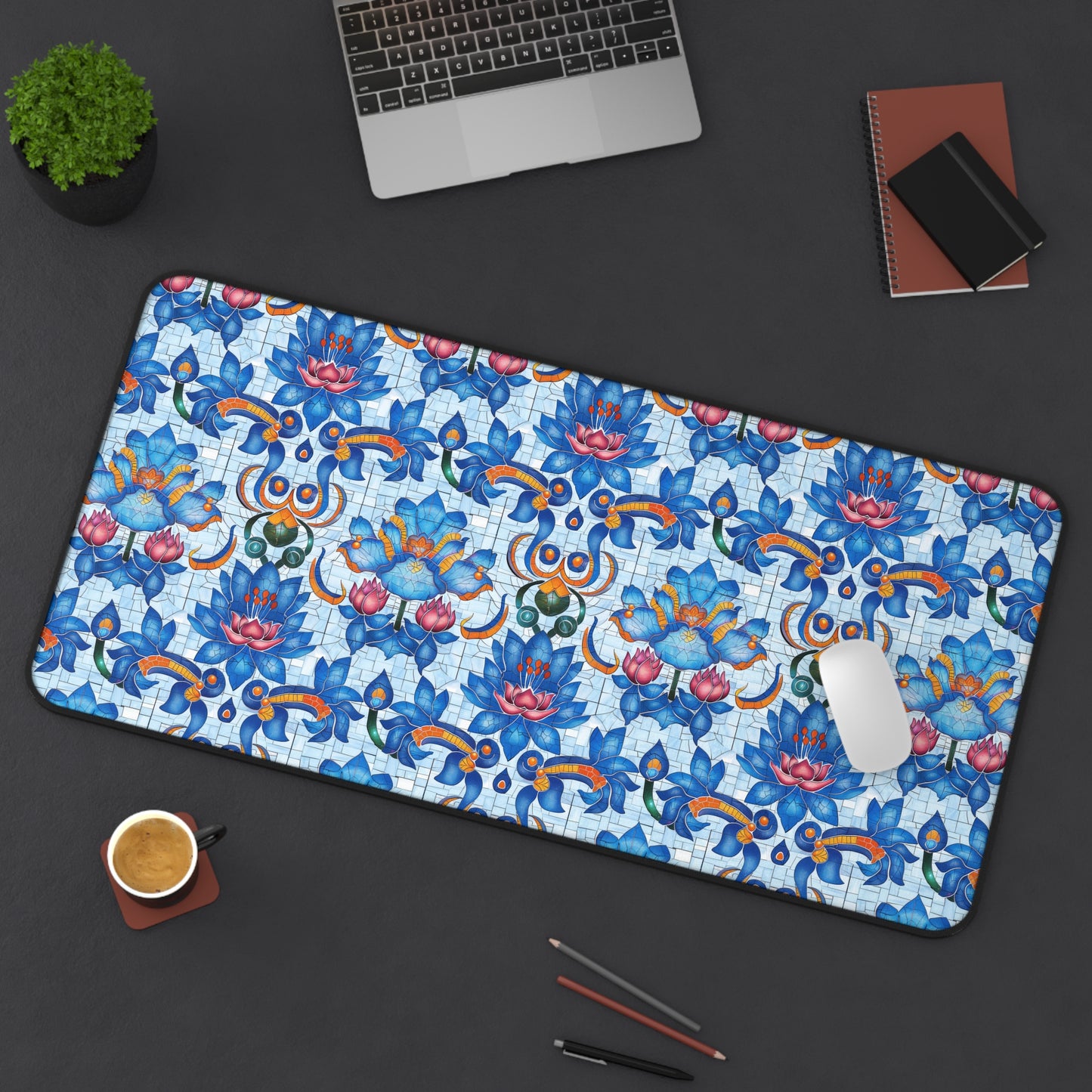 Majestic Mosaic Blossoms Vibrant Blue and Pink Floral Tile Design Extended Gaming Mouse Pad  Desk Mat  - 3 Sizes