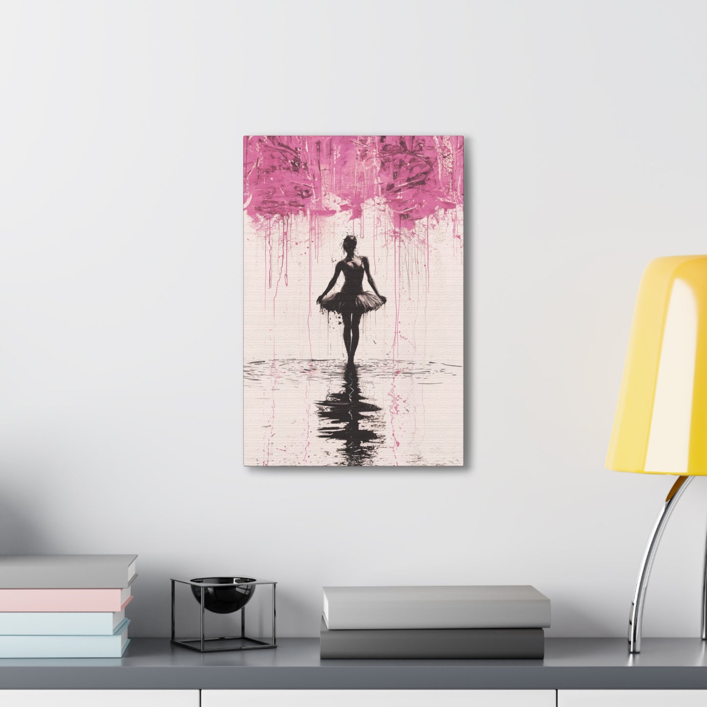 Dreamlike Reverie: Ballerina Dancing Amidst Pink Clouds and Gentle Rain Print on Canvas Gallery - 13 Sizes