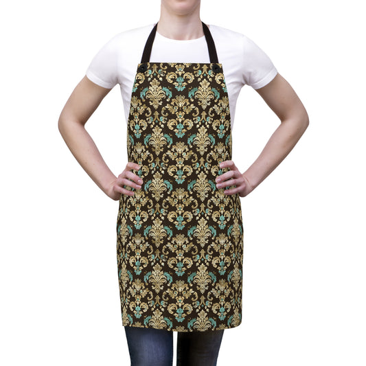 Luxurious Rococo Pattern of Ornate Brown and Teal Floral Scroll Design Kitchen Chef Apron