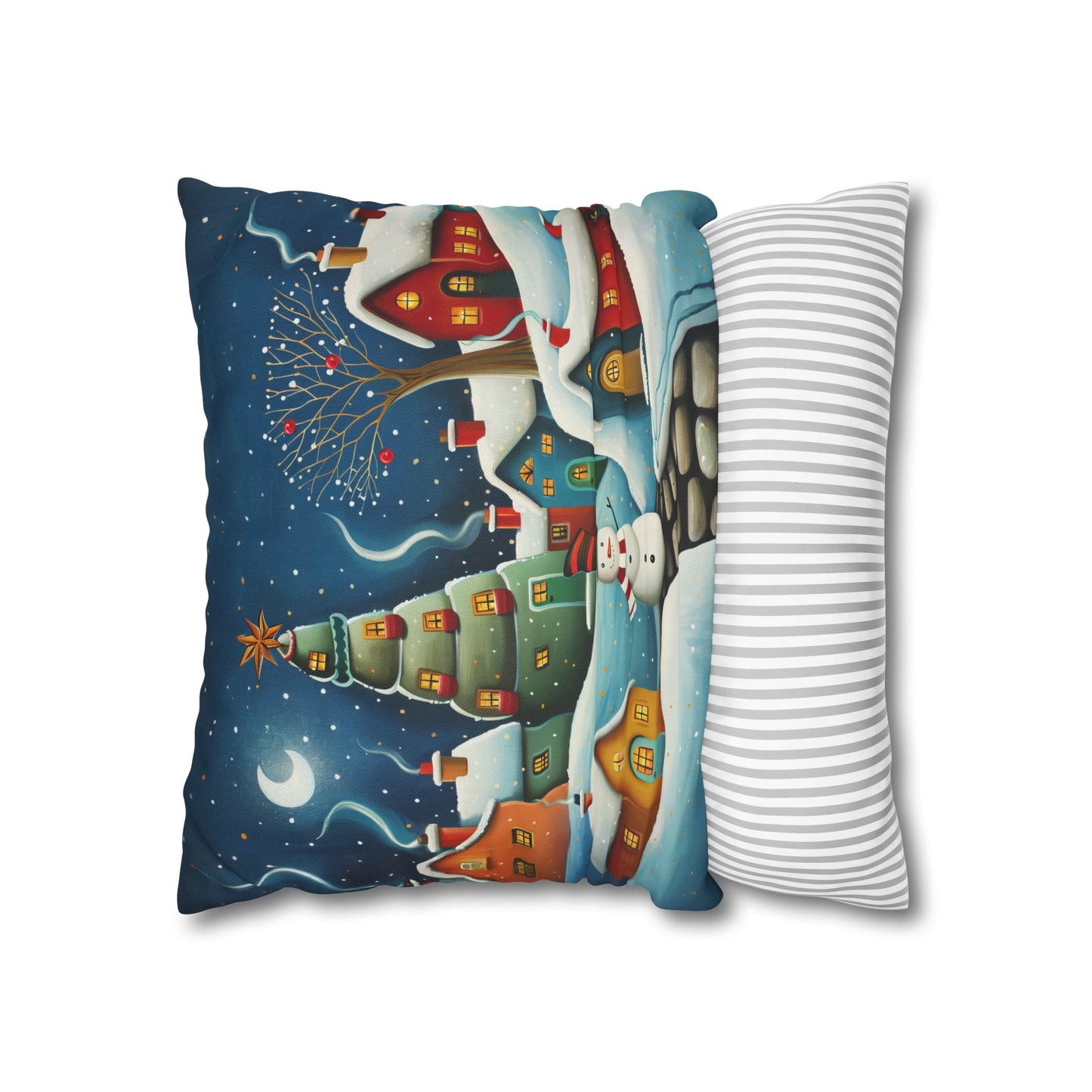 Starry Snowman Serenade: Village under a Starry Night Sky Spun Polyester Square Pillowcase 4 Sizes