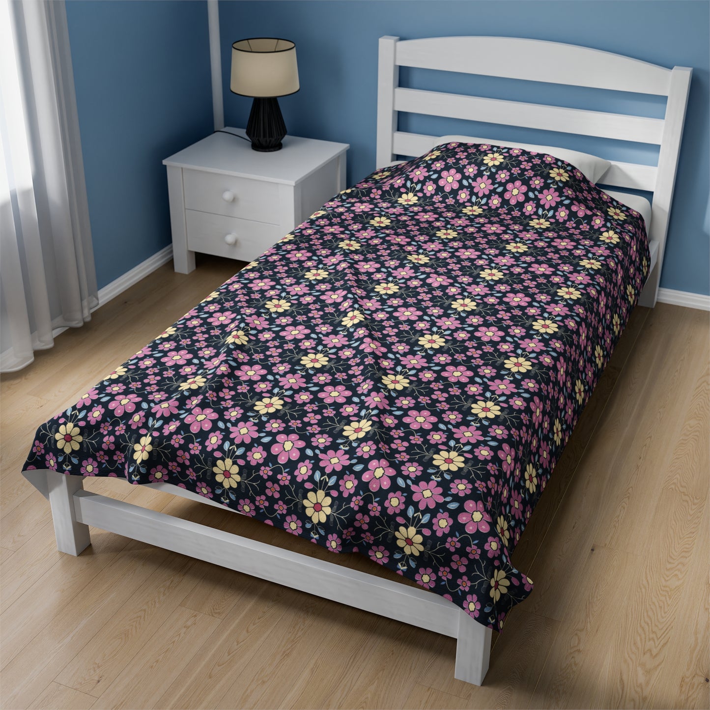 Charming Pastel Pink and Yellow Flowers on Navy Blue Background Velveteen Plush Blanket 3 Sizes