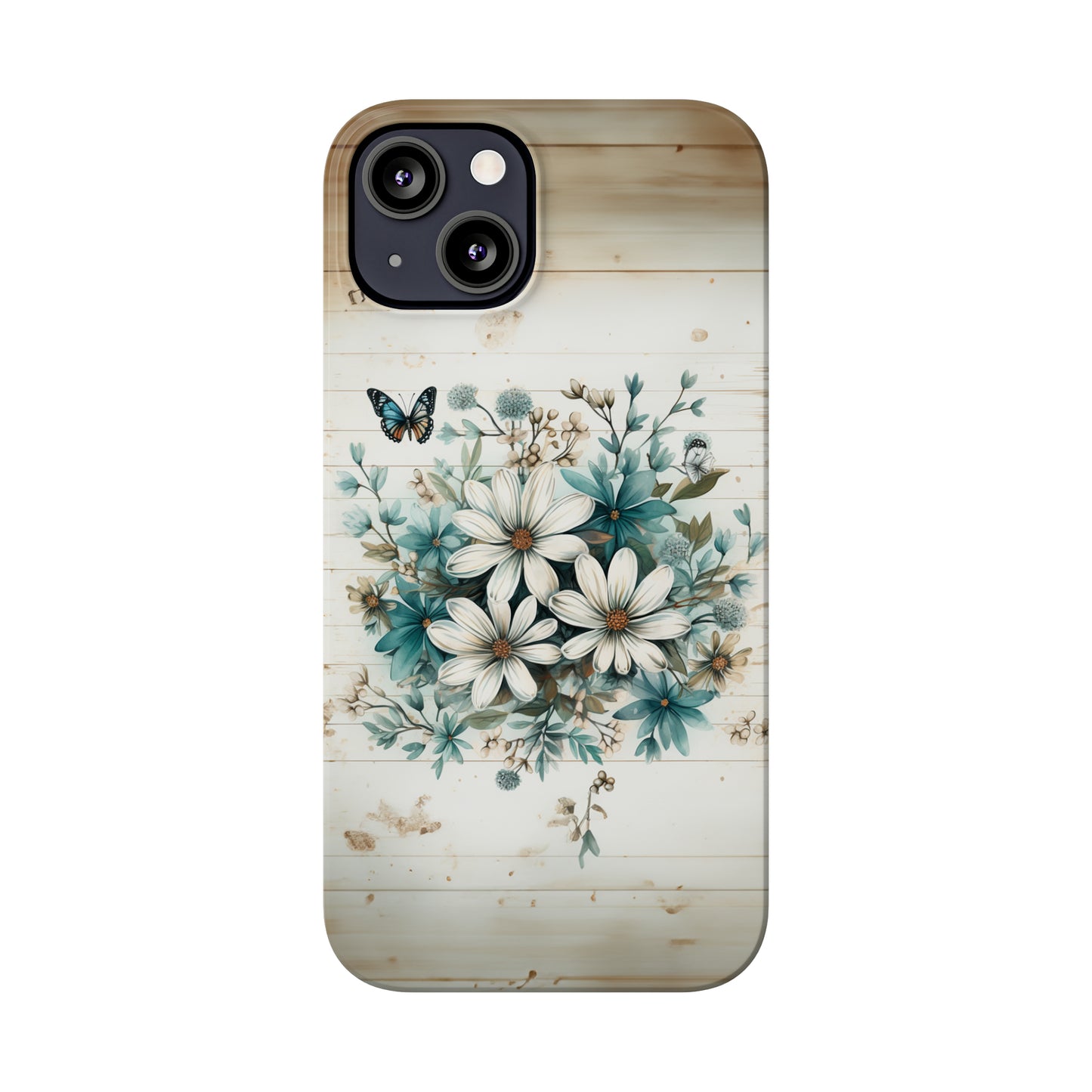 Rustic Charm Bouquet featuring Teal Accents White Wild Daisies with Butterflies  Iphone 15-12 Slim Phone Case