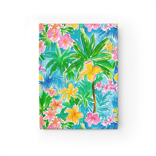 Tropical Harmony: Watercolor Yellow and Pink Hibiscus Flowers with Blue and Green Palm Leaves Hardcover Ruled Line Journal