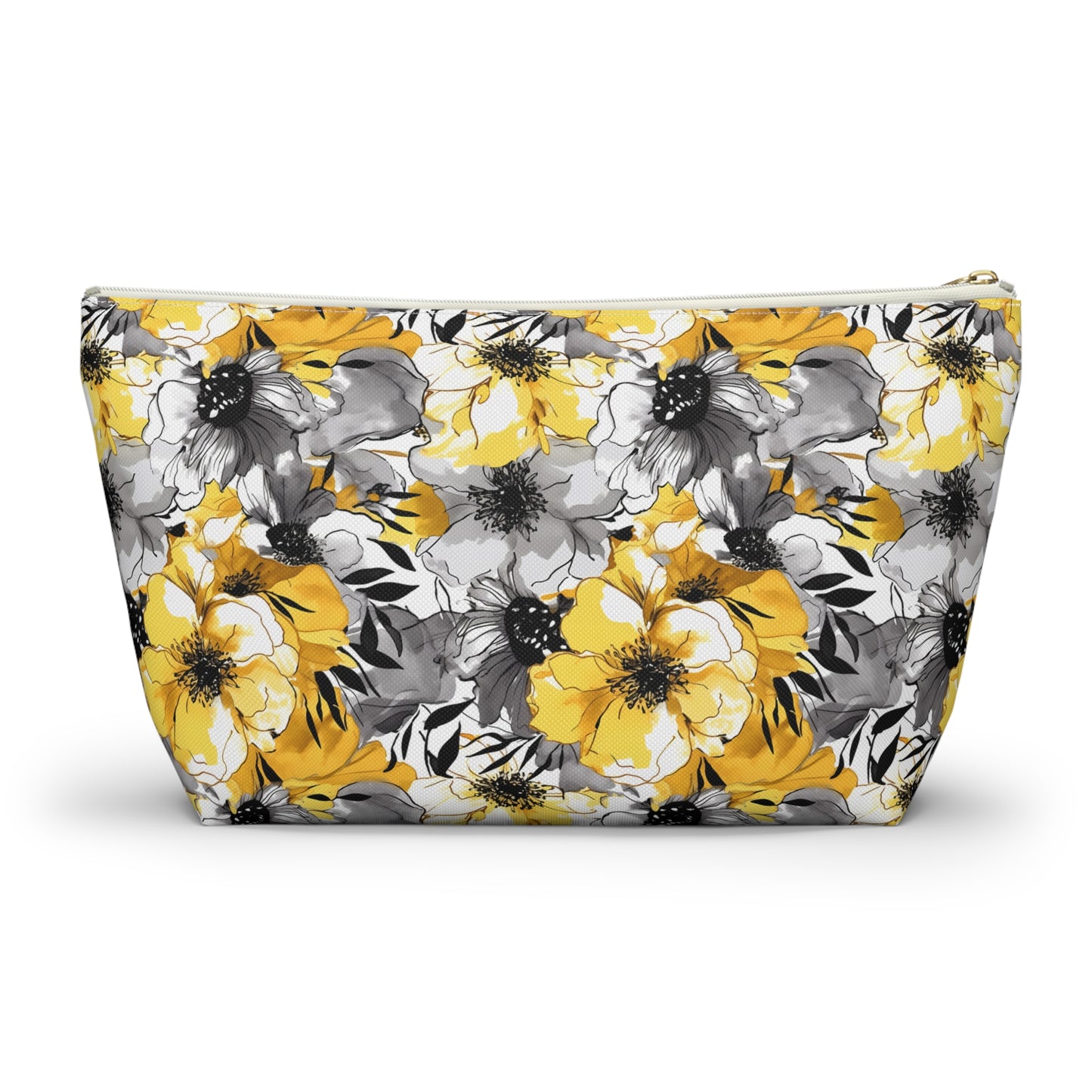 Soothing Radiance: Large Yellow and Grey Watercolor Flower Design - Makeup & Accessory Bag 2 Sizes