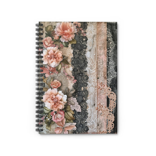 Elegant Victorian Flair: Layers of Pink and Black Lace Adorned with Pink Flowers - Spiral Notebook Ruled Line 6"x8"