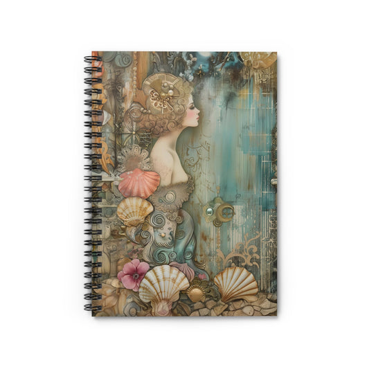 Vintage Mystical Mermaid with Flowers Seashells and Pearls Gazing into Ocean - Spiral Notebook Ruled Line 6"x8"