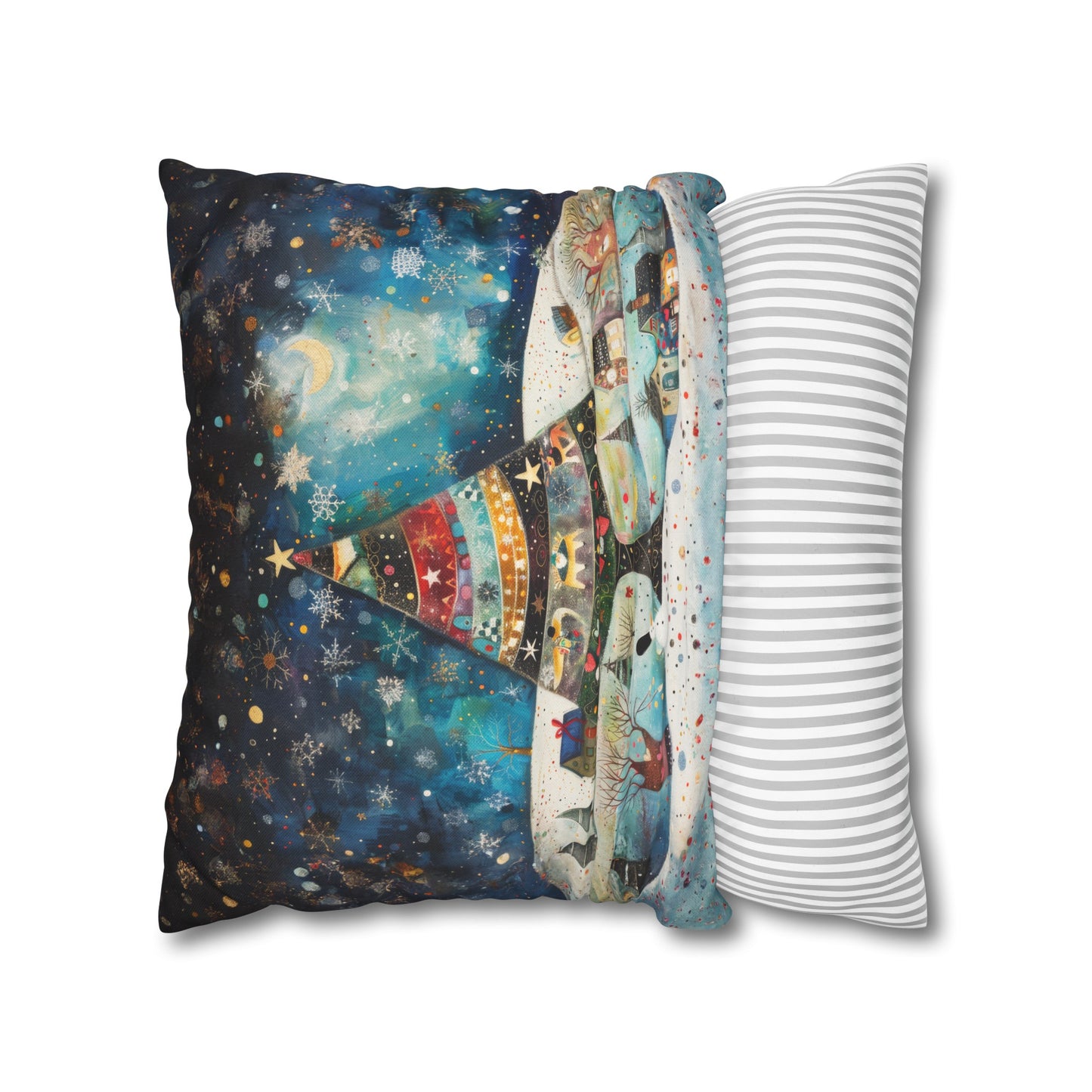 Twilight Treasures: Folk Art Christmas Tree Adorning a Town at Night Spun Polyester Square Pillowcase 4 Sizes