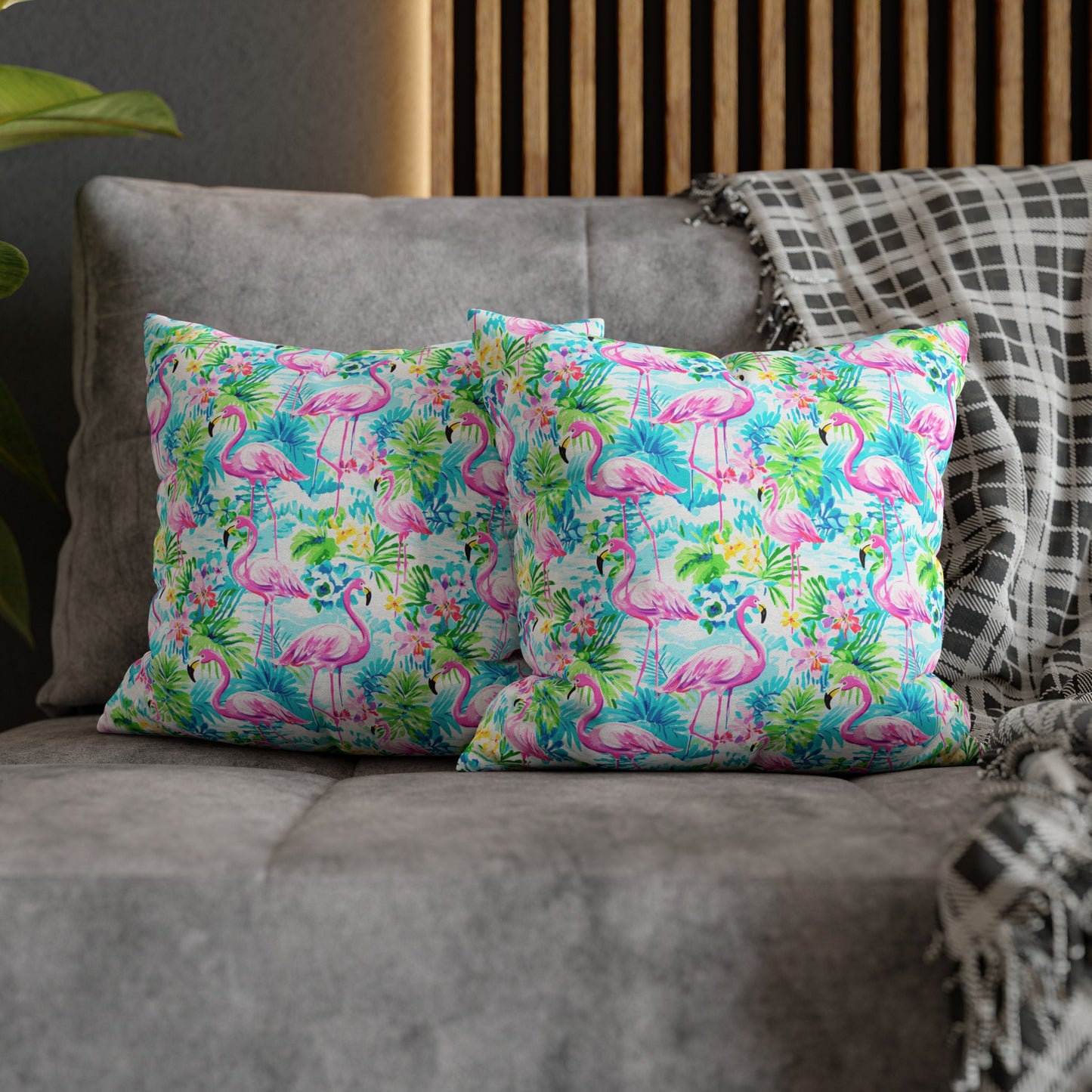 Tropical Flamingo Haven: Surrounded by Flowers and Palm Trees Spun Polyester Square Pillowcase 4 Sizes