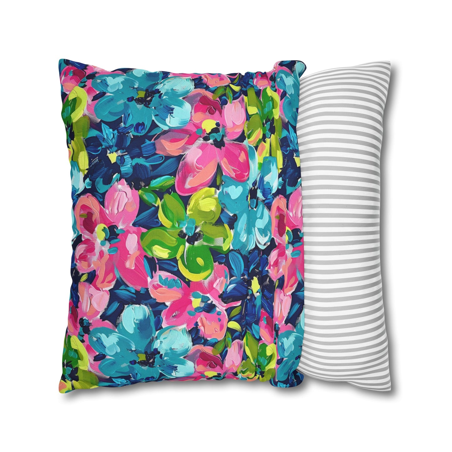 Dusk Blossoms: Moody Pink, Blue, and Yellow Watercolor Flowers Spun Polyester Square Pillowcase 4 Sizes