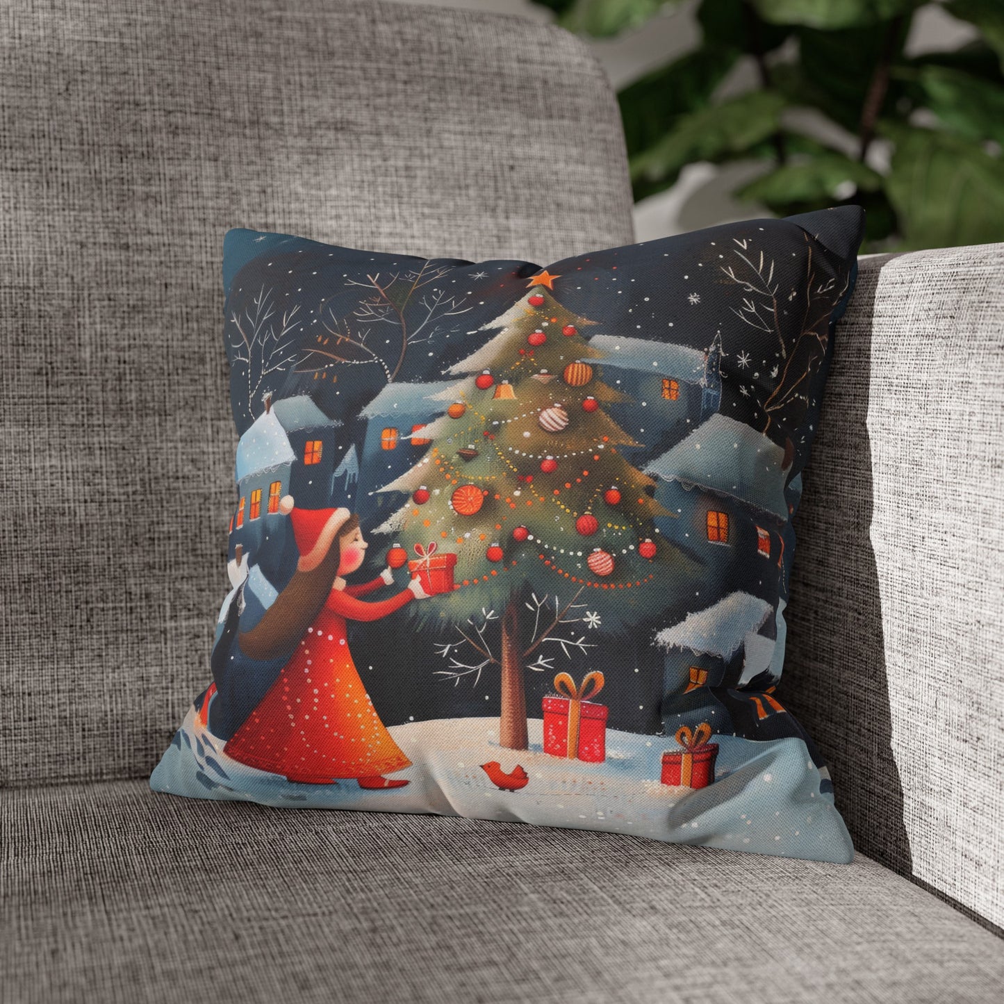 Joyful Surprise: Little Girl Admiring Christmas Tree with Presents Spun Polyester Square Pillowcase 4 Sizes