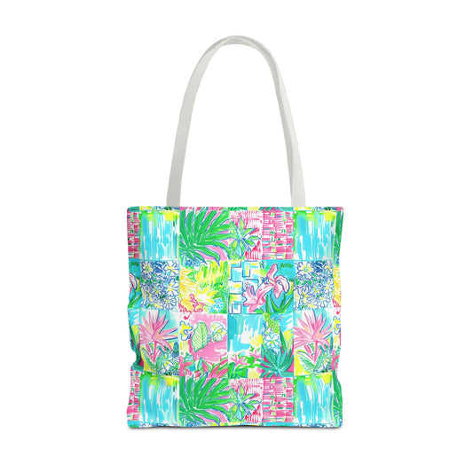 Whimsical Palm Trees and Flowers in Vibrant Pink, Teal, and Green Collage Canvas Tote Bag 3 Sizes