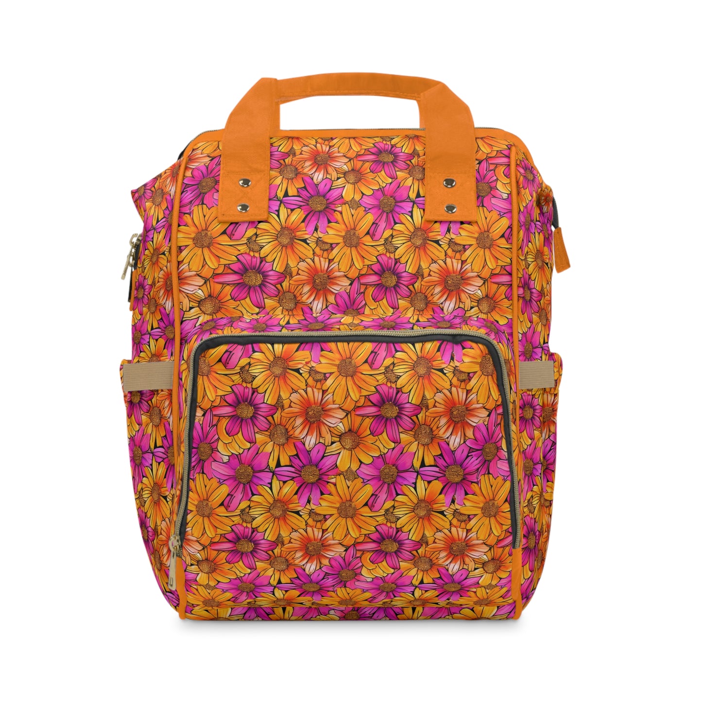 Vibrant Daisy Delight with Bold Orange and Pink Flowers Multifunctional Diaper Backpack