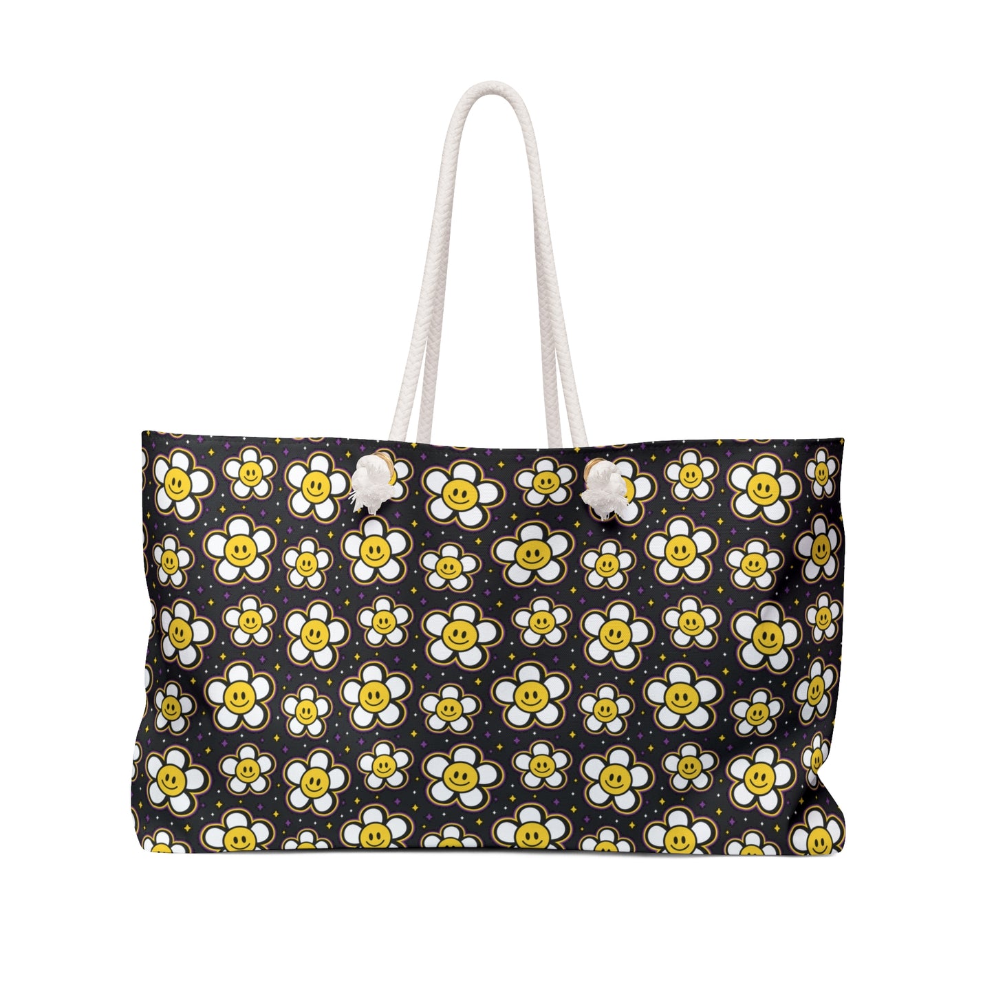 Retro Daisies with Smiley Faces  - Weekender Oversized Canvas Tote Bag 24" × 13"