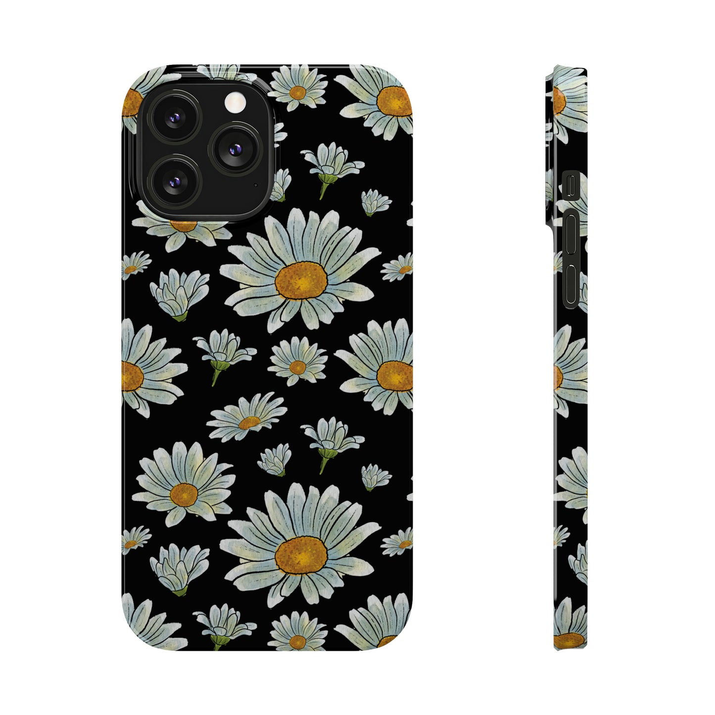 Large Watercolor Summer Daisies Blooming Against a Bold Black Background Iphone 15-12 Slim Phone Case