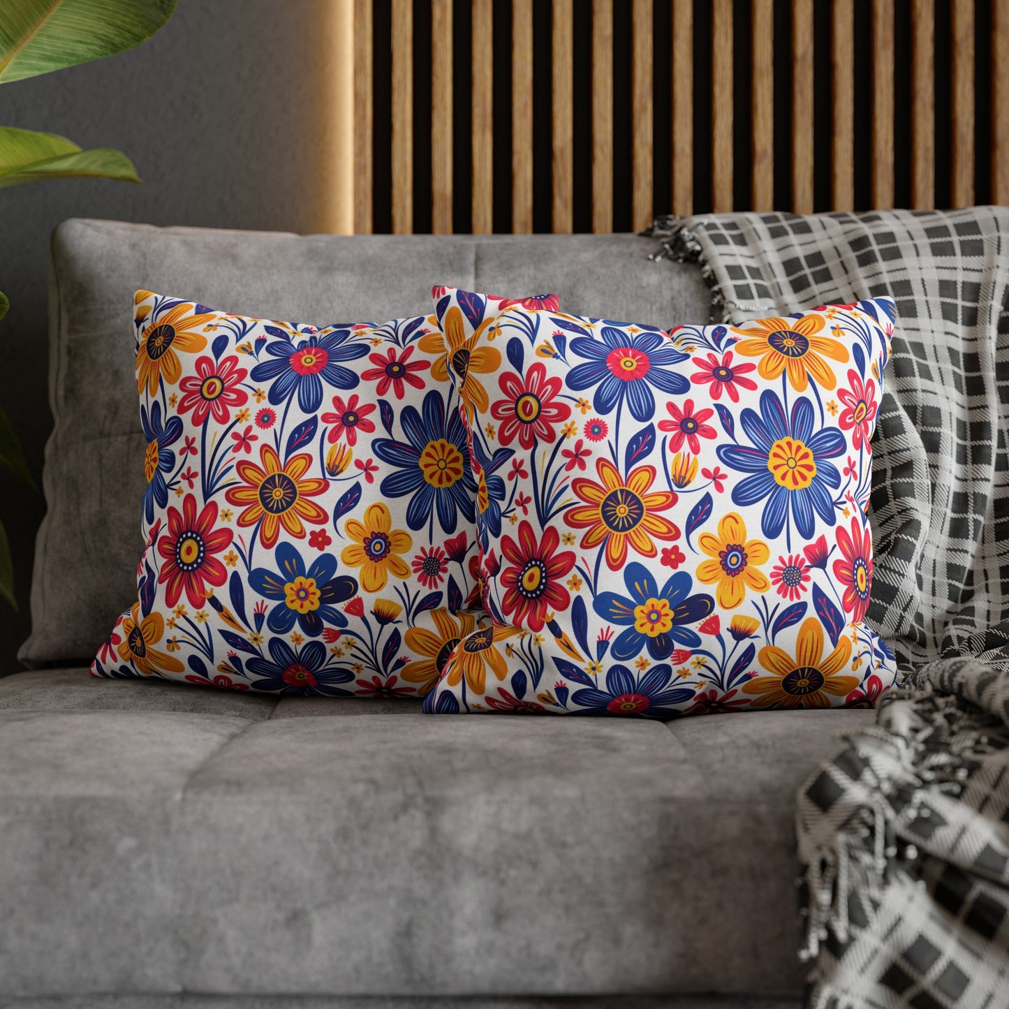 Vivid Blossom Bouquet: Large Hand-Drawn Spring Flowers Bursting with Vibrant Colors Spun Polyester Square Pillowcase 4 Sizes