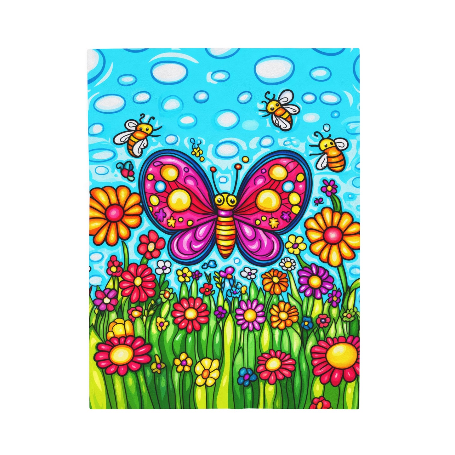 Butterfly Bliss with Bees and Blooming Flowers Velveteen Plush Blanket 3 Sizes