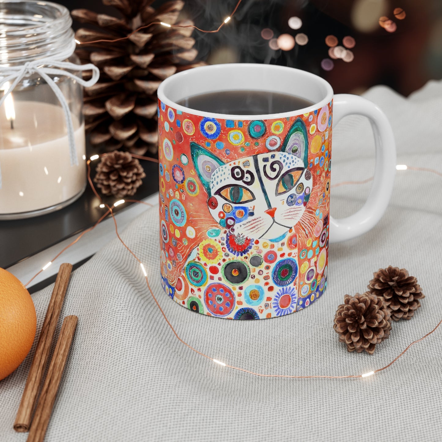 Whimsical Retro Flowers and White Cat in Style of Klimt  - 11 oz Coffee