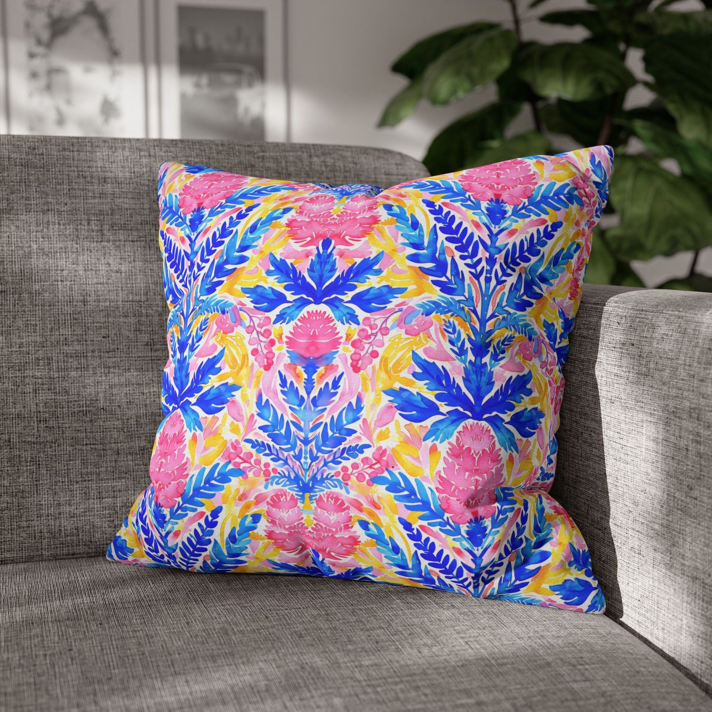 Tropical Watercolor Blooms in Vibrant Pinks and Blues Spun Polyester Square Pillowcase 4 Sizes