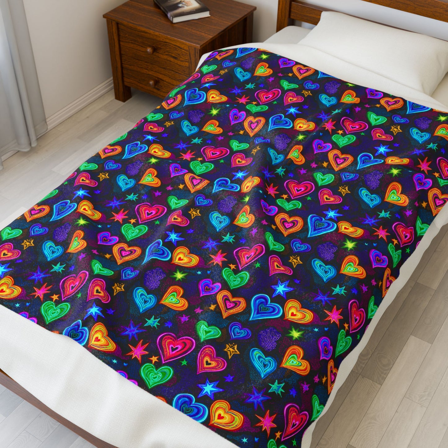 Neon Hearts and Stars Print Velveteen Plush Blanket 3 Sizes
