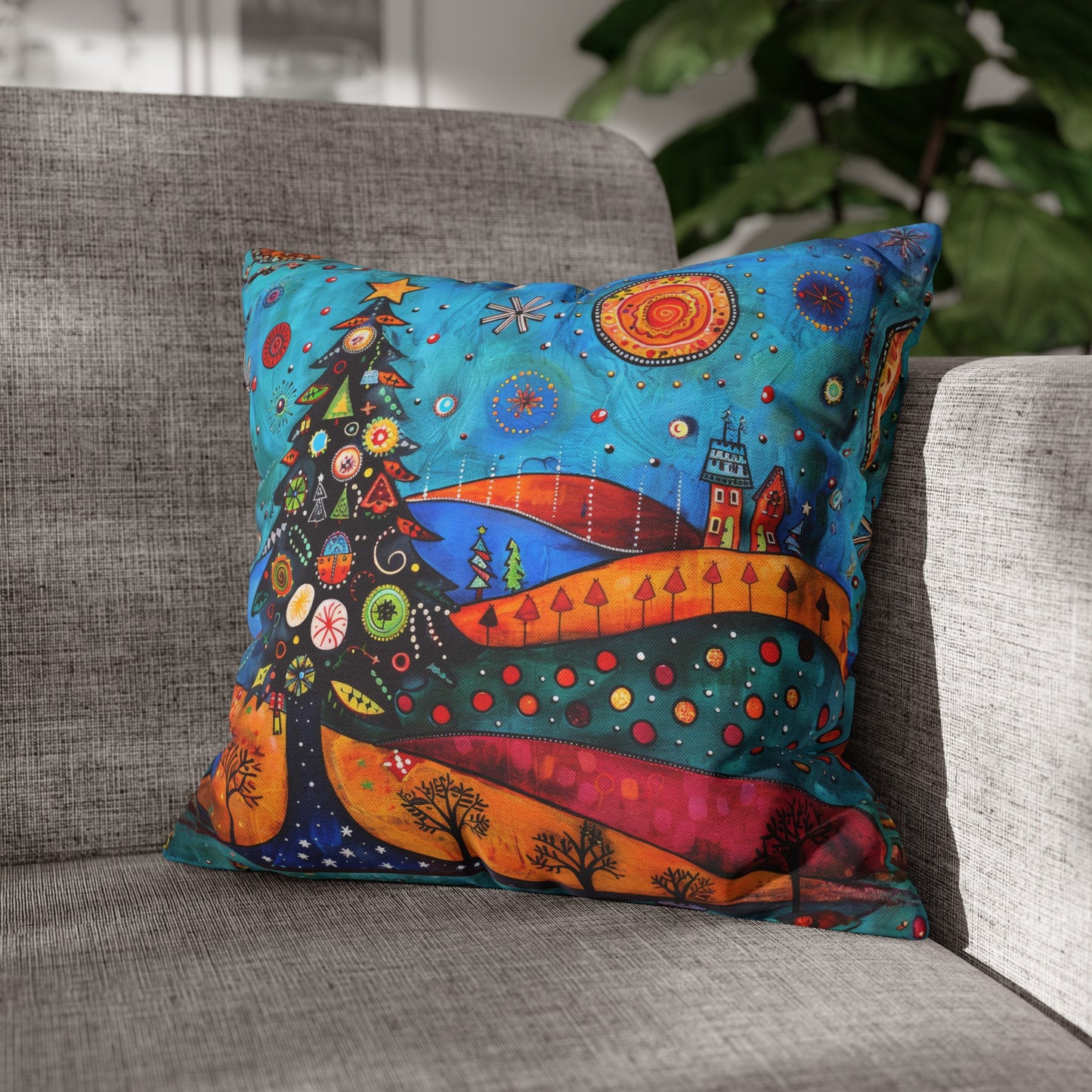 Folk Art Christmas Tree Nestled Amidst Rolling Hills Spun Polyester Square Pillowcase 4 Sizes