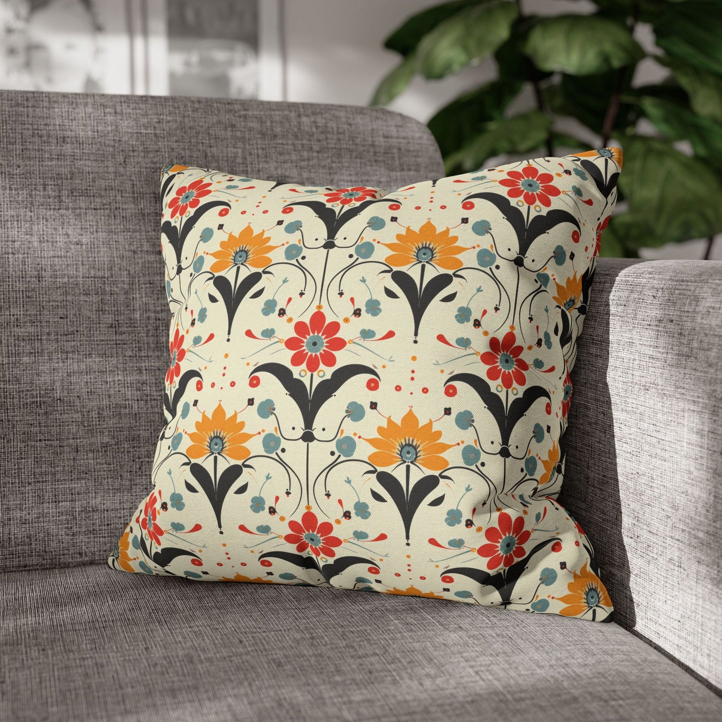 Whimsical Retro Garden in Muted Yellow, Red and Blues Spun Polyester Square Pillowcase 4 Sizes