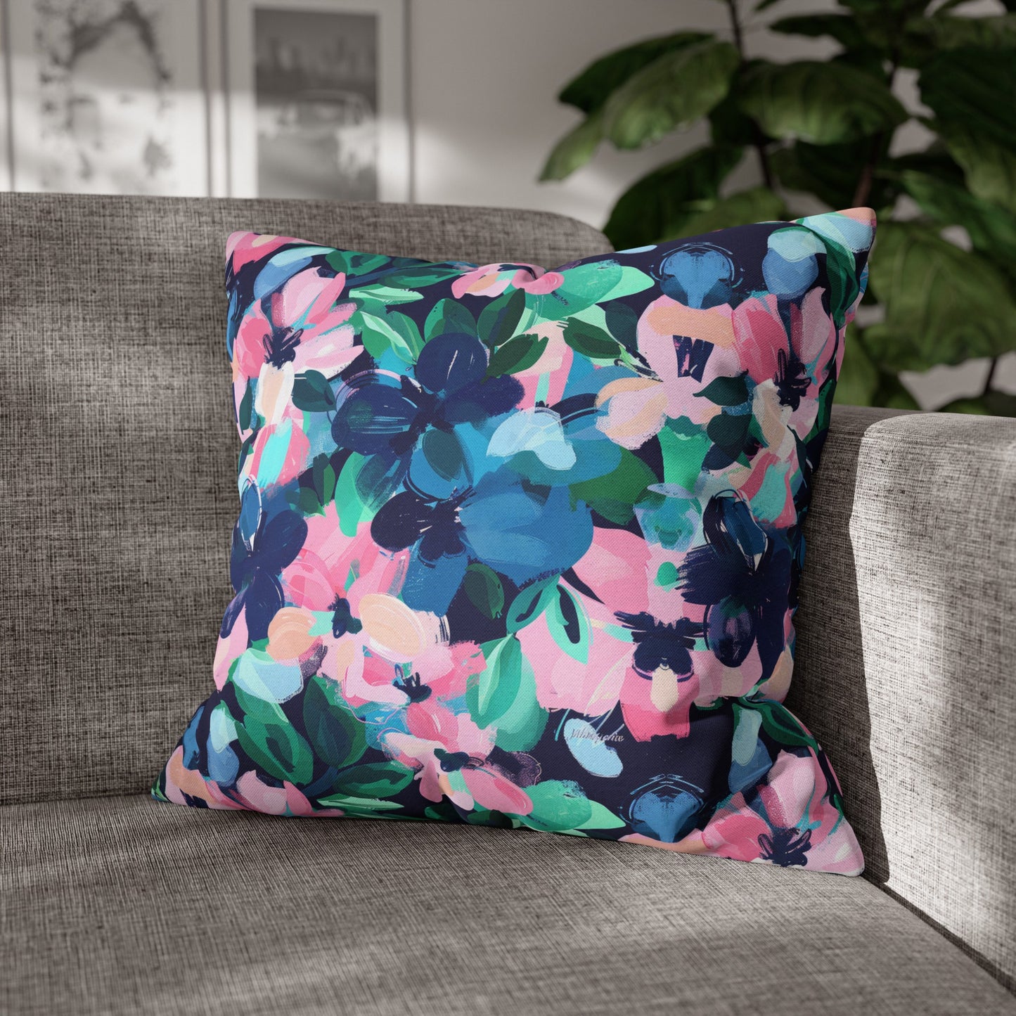 Tranquil Blooms: Muted Blue, Pink, and Green Watercolor Flowers Spun Polyester Square Pillowcase 4 Sizes