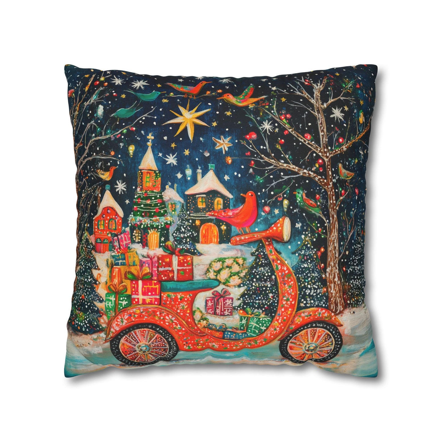 Yuletide Express Festive Scooter Filled with Gifts Spun Polyester Square Pillowcase 4 Sizes