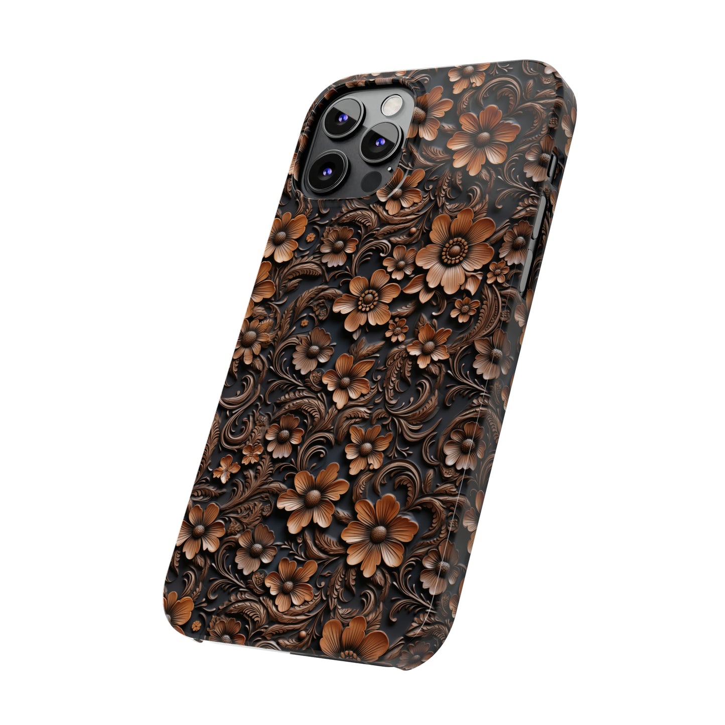 Tooled Deep Brown Leather Flowers Print Design Iphone 15-12 Slim Phone Case