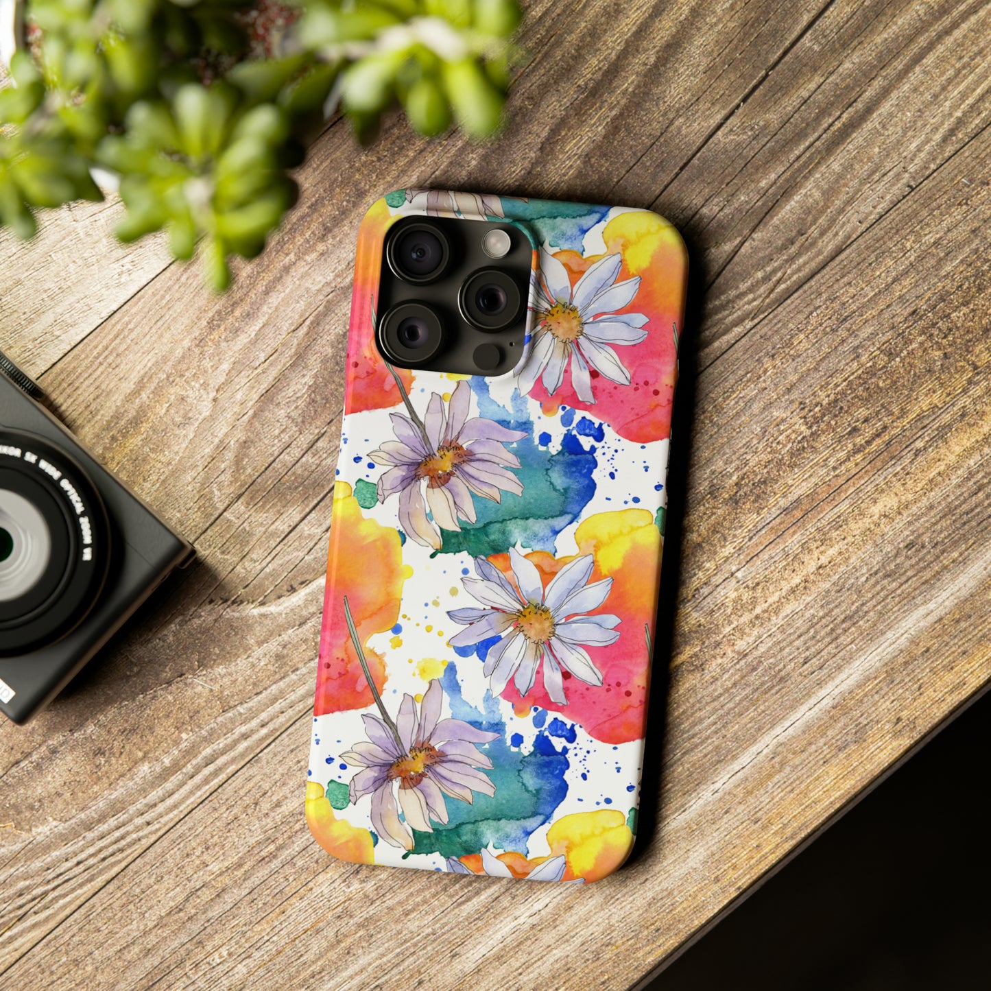 Large Colorful Watercolor Daisy Design Iphone 15-12 Slim Phone Case