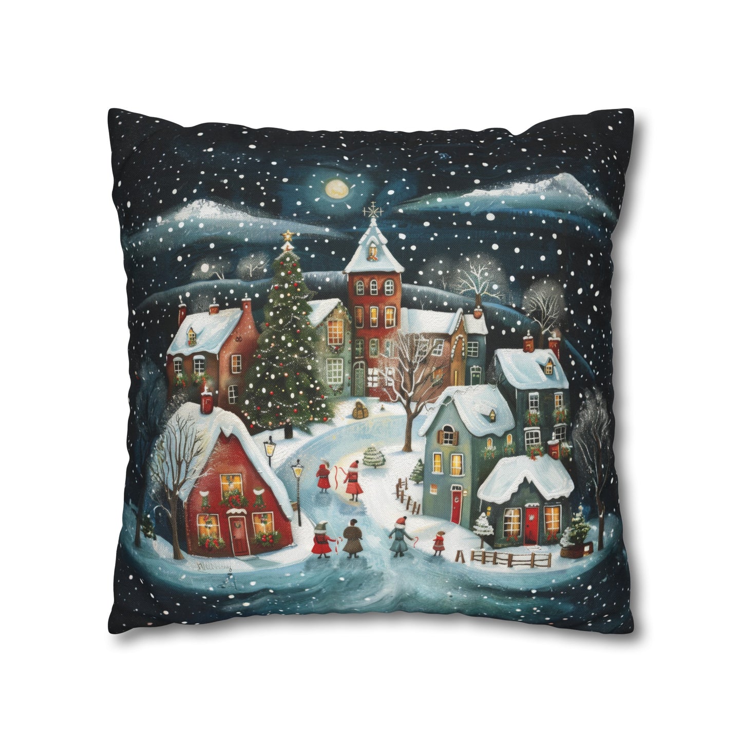 Midnight Magic: Winter Town Aglow with Christmas Decorations and Tree Spun Polyester Square Pillowcase 4 Sizes