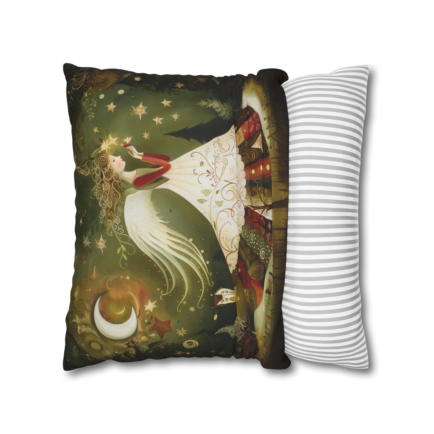 Christmas Angel in Tapestry Dress Amidst a Starlit Forest Spun Polyester Square Pillowcase 4 Sizes