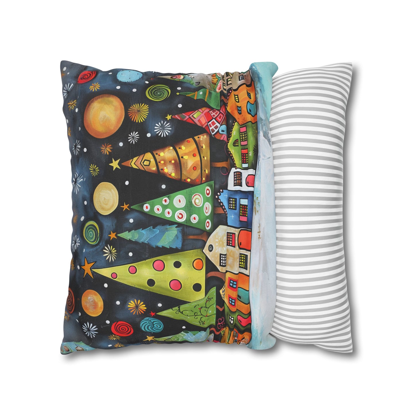 Holiday Haven: Abstract Folk Art Christmas Village Adorned with Christmas Trees Scene Spun Polyester Square Pillowcase 4 Sizes