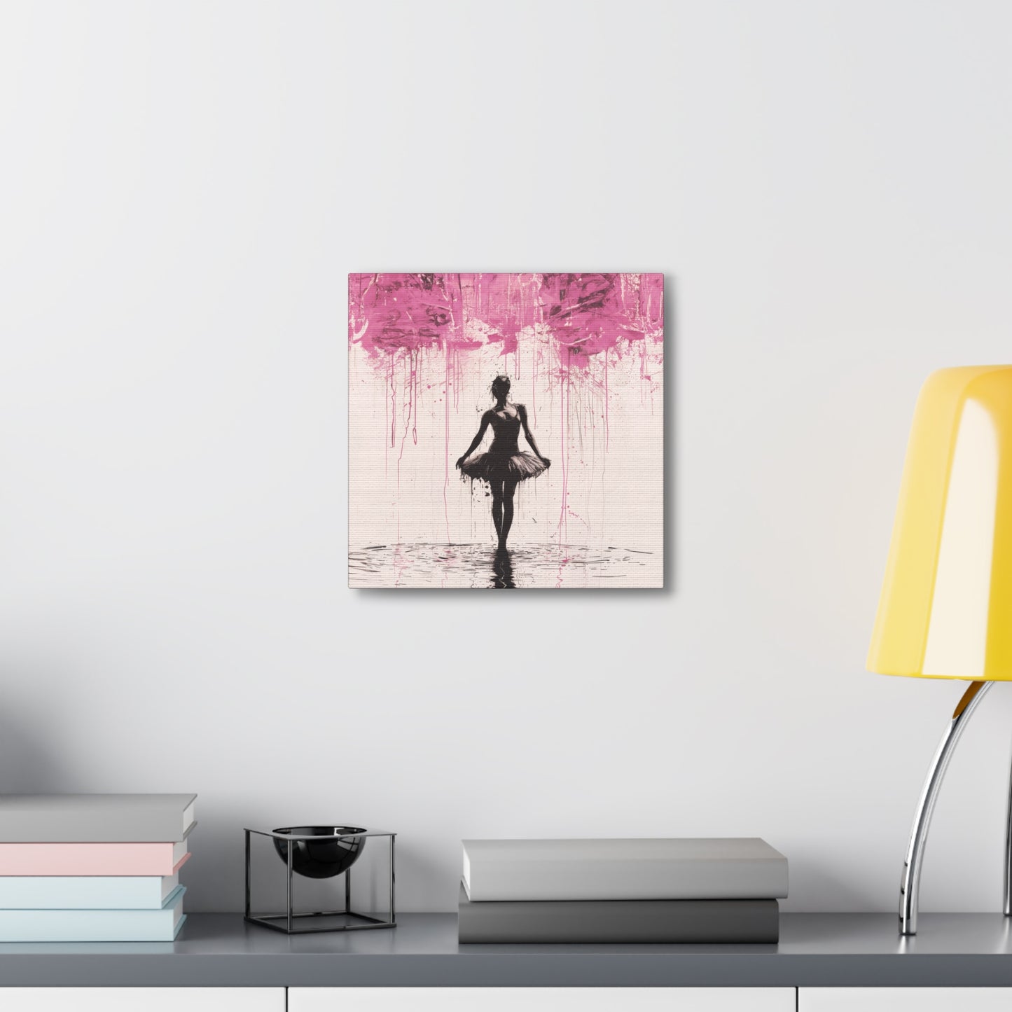 Dreamlike Reverie: Ballerina Dancing Amidst Pink Clouds and Gentle Rain Print on Canvas Gallery - 13 Sizes