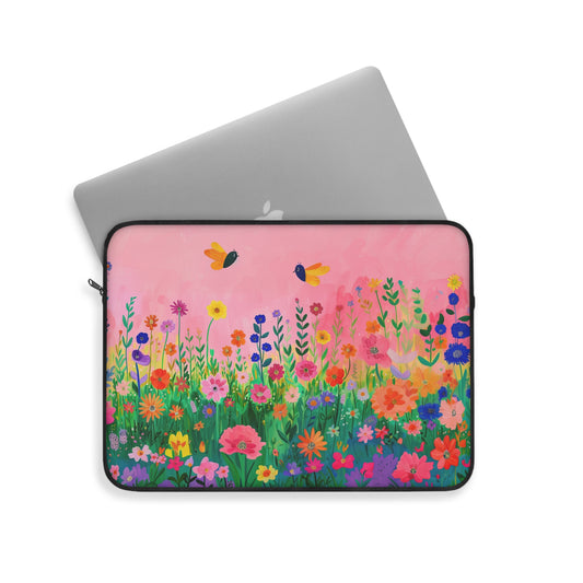 Buzzing Blooms: Flowers and Bees Against a Pink Background Laptop or Ipad Protective Sleeve 3 Sizes