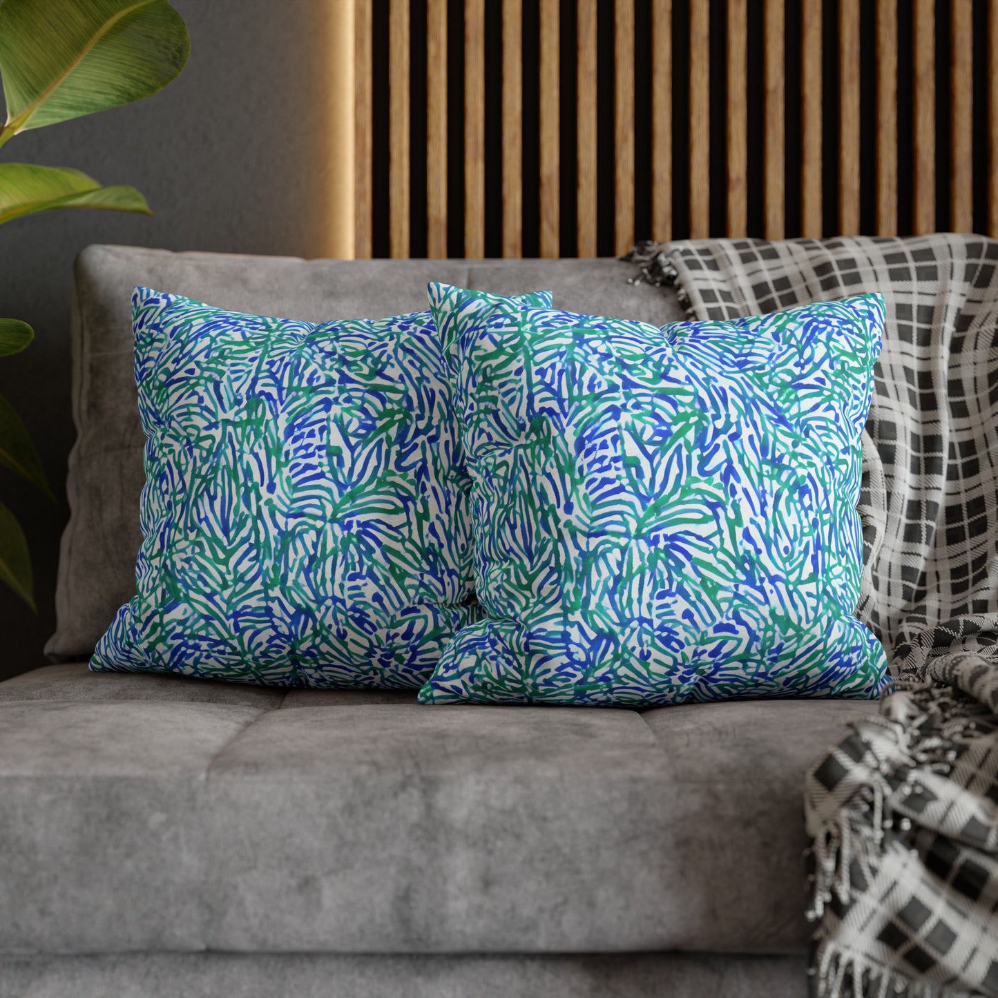 Tropical Fusion: Abstract Palm Leaves in Lime Green and Blue Hues  Spun Polyester Square Pillowcase 4 Sizes