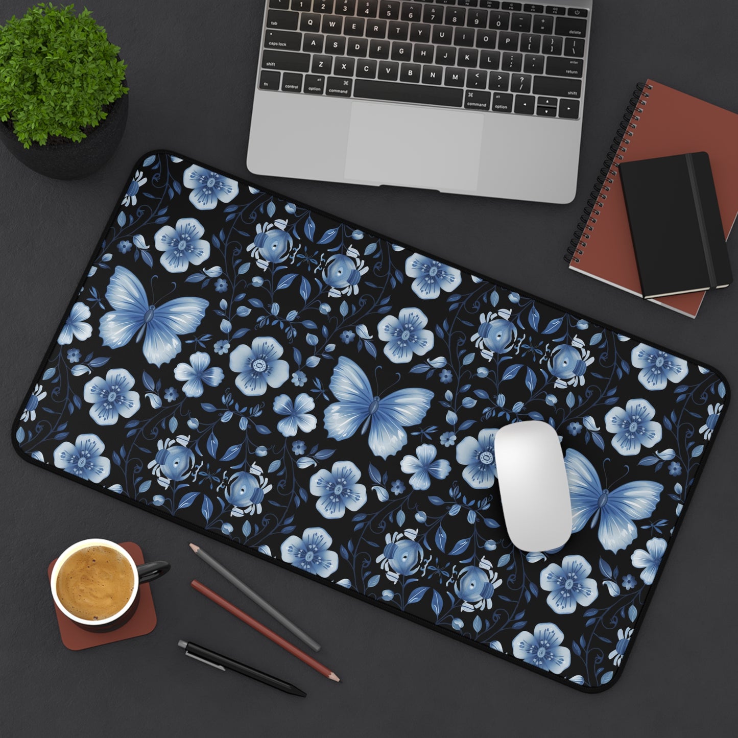 Enchanted Blue Butterflies and Blooms on Black Extended Gaming Mouse Pad  Desk Mat  - 3 Sizes