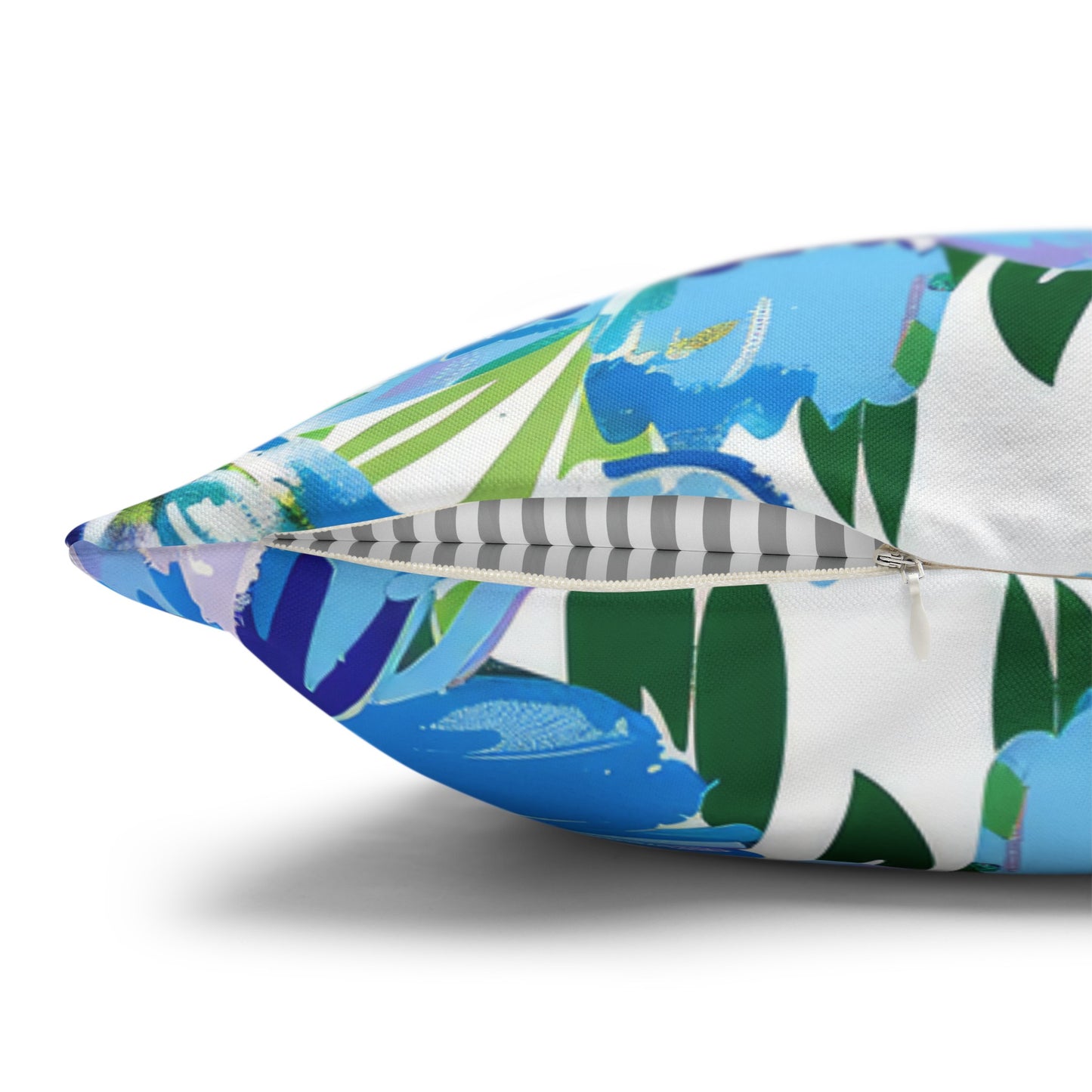 Azure Bloom Oasis: Bright Blue Large Flowers with Lush Green Palm Leaves Spun Polyester Square Pillowcase 4 Sizes