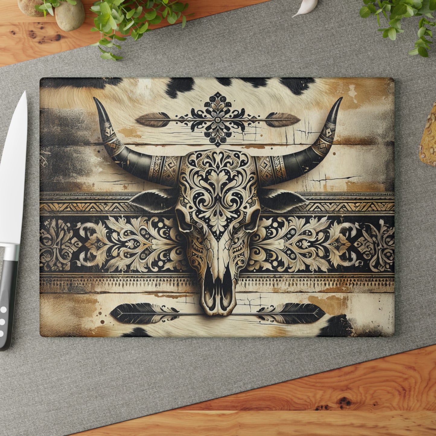 Western Cow Skull Cow Hide Background Glass Cutting Board, Charcuterie Serving Tray 2 Sizes