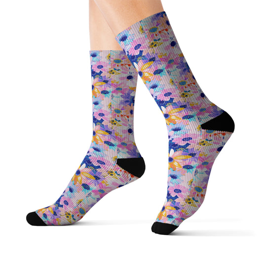 Watercolor Wonderland: Large Colorful Daisies Blooming with Radiance Ribbed Crew Socks