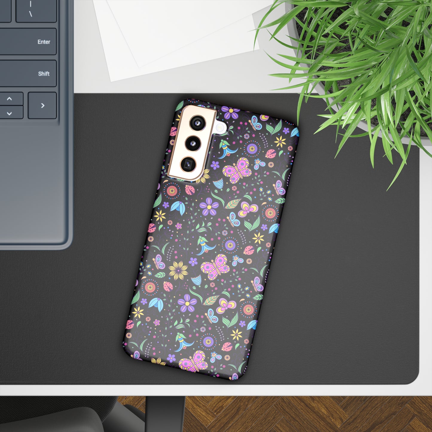 Butterflies and Flowers on Black Background Samsung Slim Cases