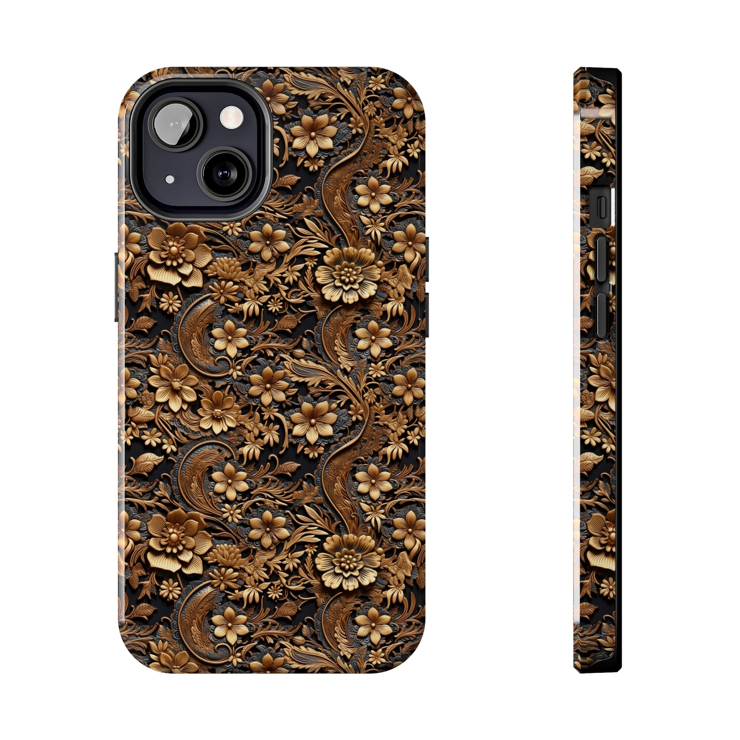 Tooled Leather Large Gold Flowers with Blue Leaf Swirl Accents Print Design Iphone Tough Phone Case