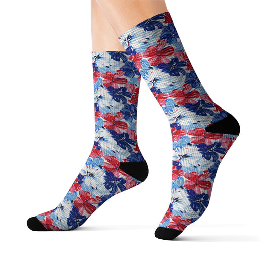 Americana Blooms: Large Watercolor Flowers in Red, White, and Blue Ribbed Crew Socks