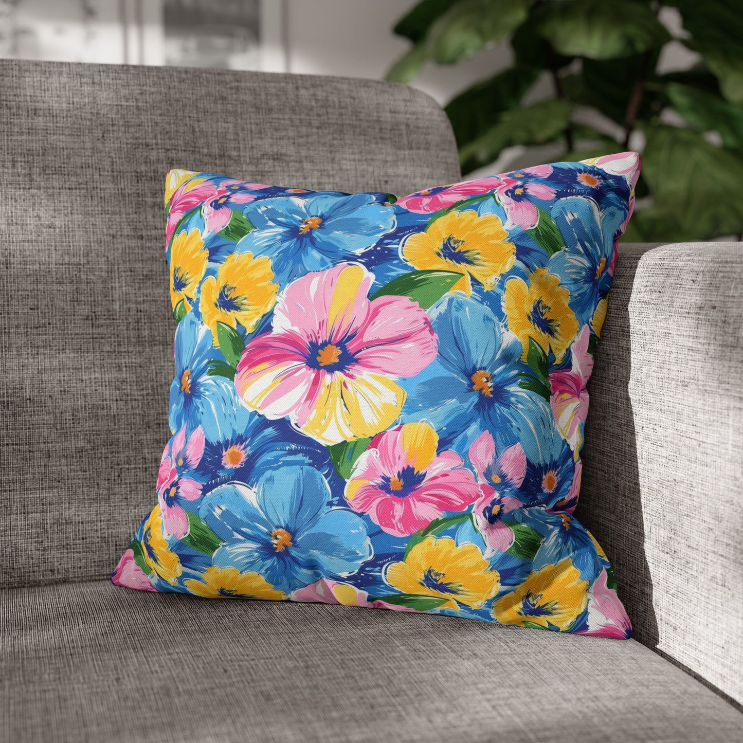 Sunny Serenade: Large Blooms of Yellow, Blue, and Gold in Watercolor Spun Polyester Square Pillowcase 4 Sizes