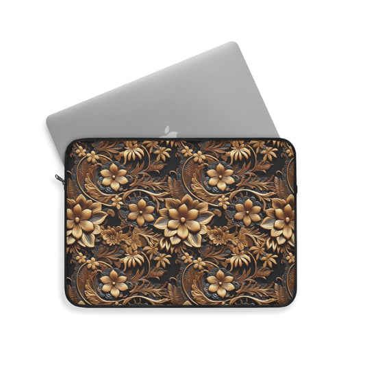 Tooled Gold Leather Flowers with Blue Accent Print Design  - Laptop or Ipad Protective Sleeve 3 Sizes