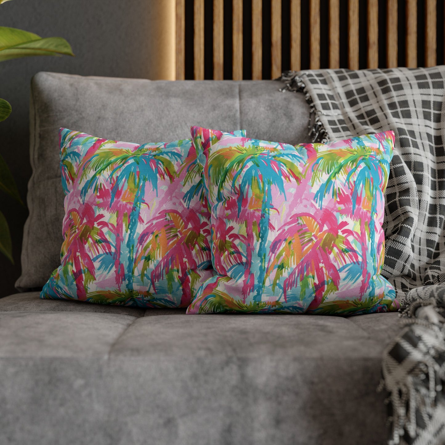 Pastel Paradise: Palm Trees in Soft Blues, Pinks, and Greens Spun Polyester Square Pillowcase 4 Sizes