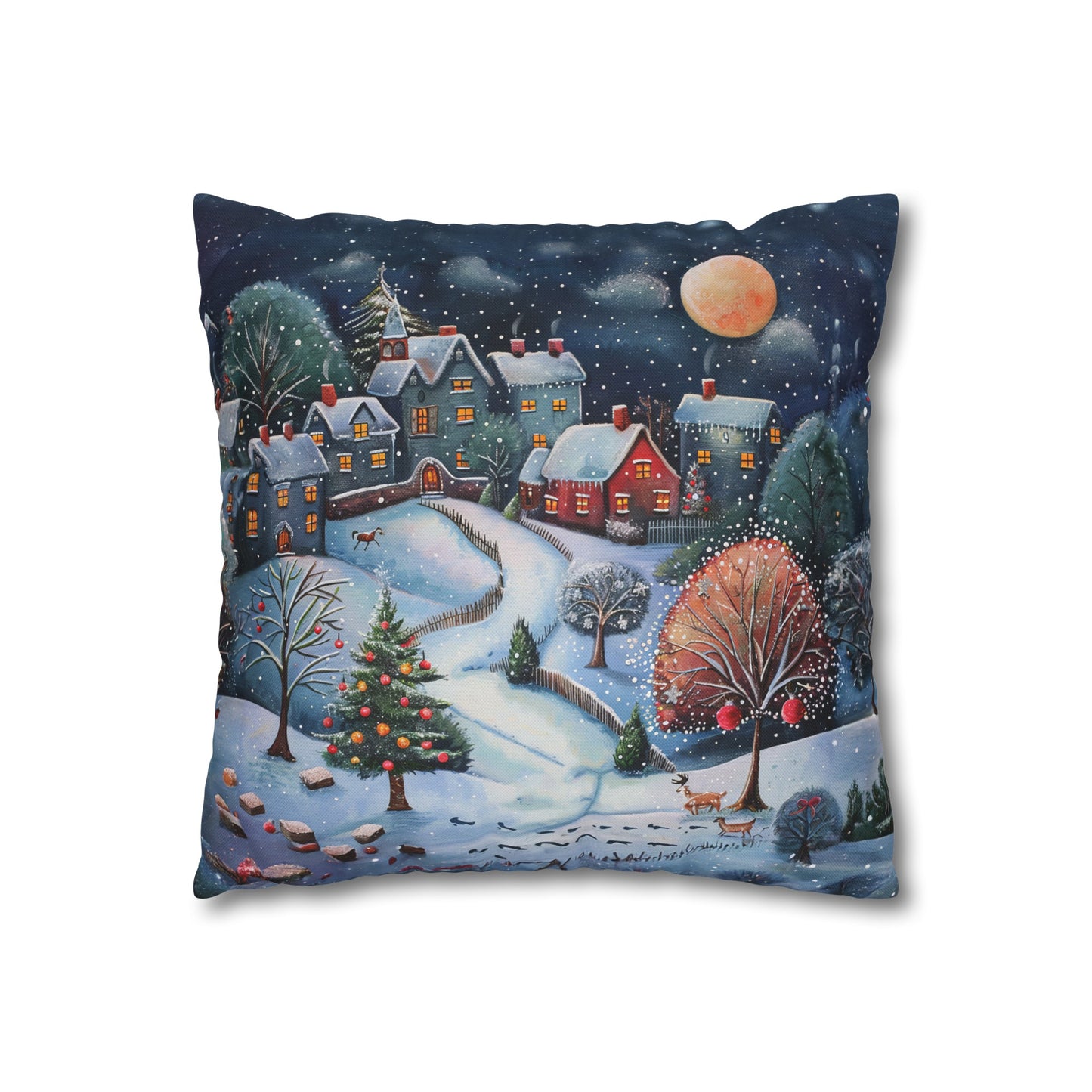 Snowy Serenade: Town at Winter Night with Reindeer Amidst the Snow  Spun Polyester Square Pillowcase 4 Sizes