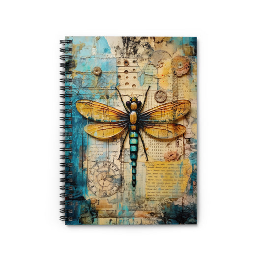 Antique Steampunk Dragonfly Timepiece and Vintage Map Collage - Spiral Notebook Ruled Line 6"x8"