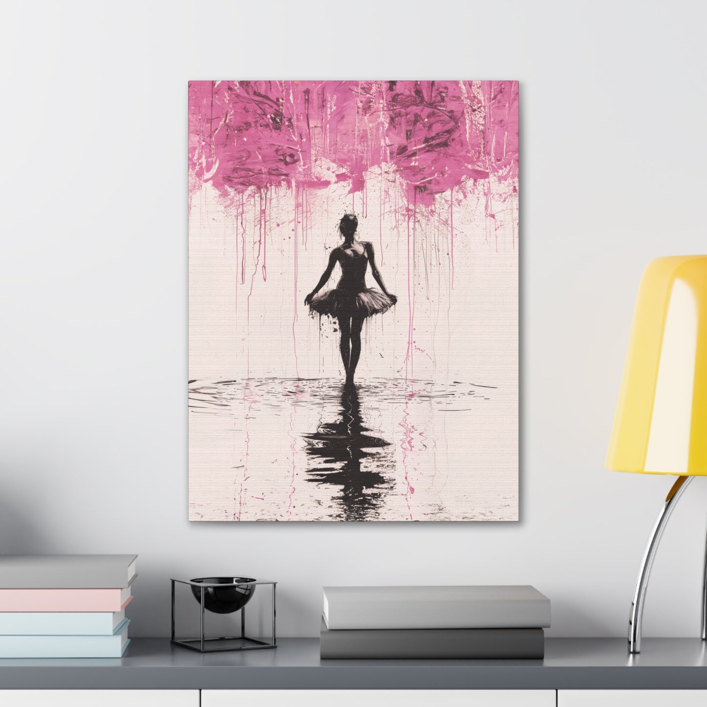 Dreamlike Reverie: Ballerina Dancing Amidst Pink Clouds and Gentle Rain Print on Canvas Gallery - 13 Sizes